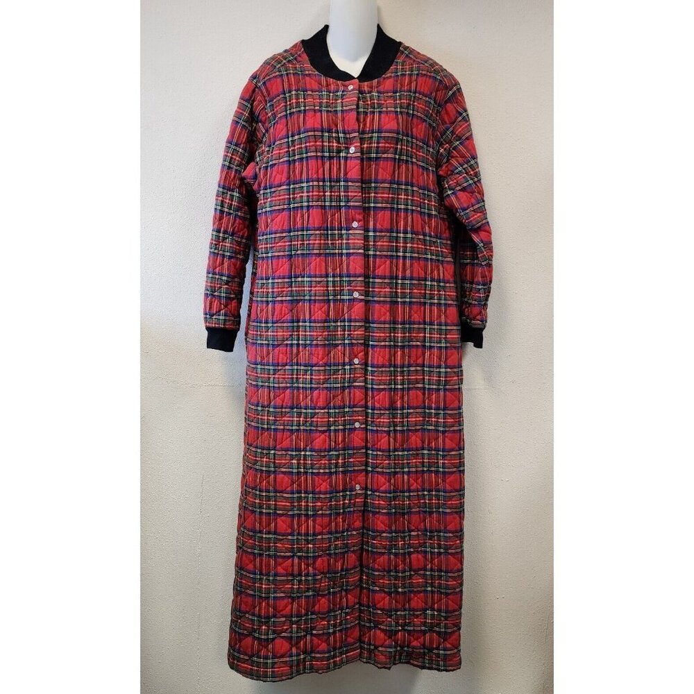 Vintage Orvis Flannel 2pc Nightgown Housecoat Med Red Plaid Long Pockets